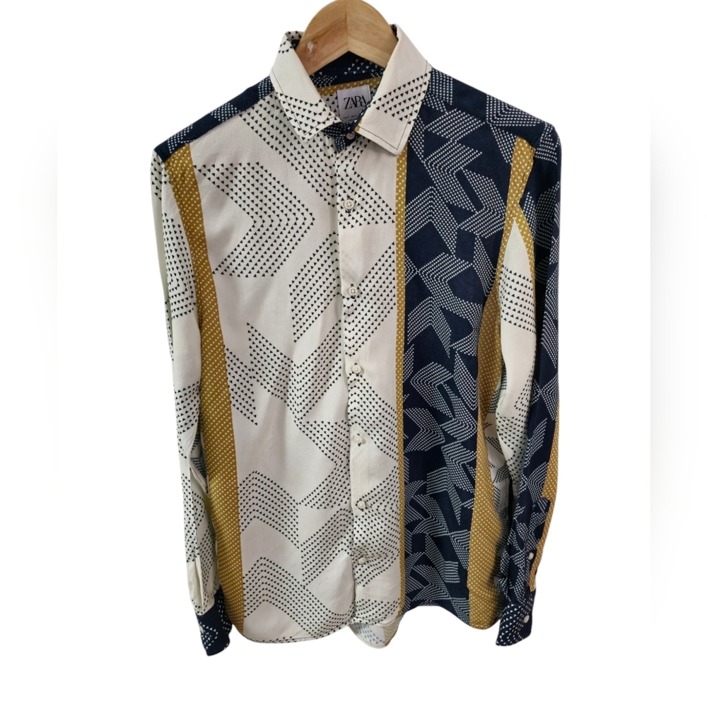 ZARA Men's Long Sleeve Shirt Abstract Regular Fit Blue Beige Size Small - Picture 1 of 12